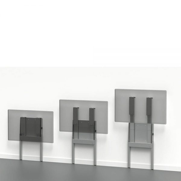 Three double-column grey wall lifts with screens and support legs in a row where there is a difference product in height.