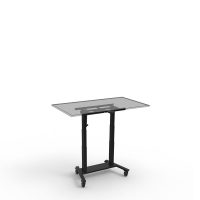 Mobile tilting table with screen on a high stand with the screen positioned horizontally