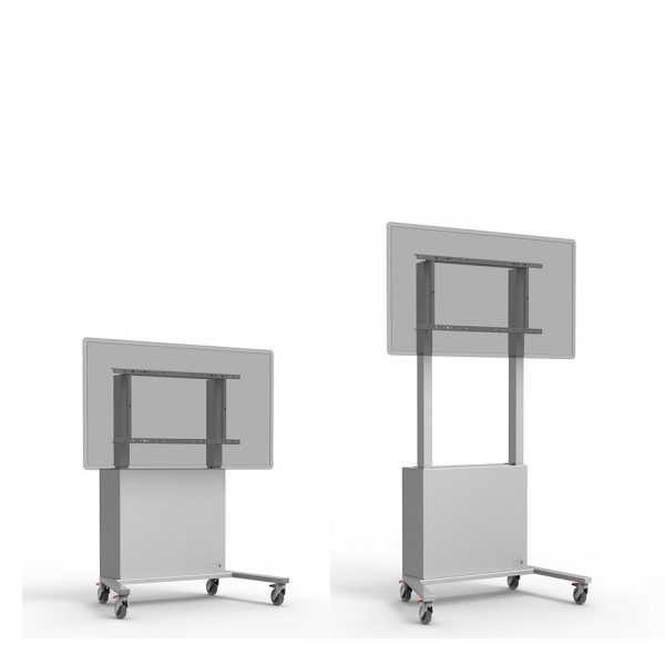 Two mobile grey lift TV trolleys side by side with cabinet closed at the front. One is in a high position, one in a low position