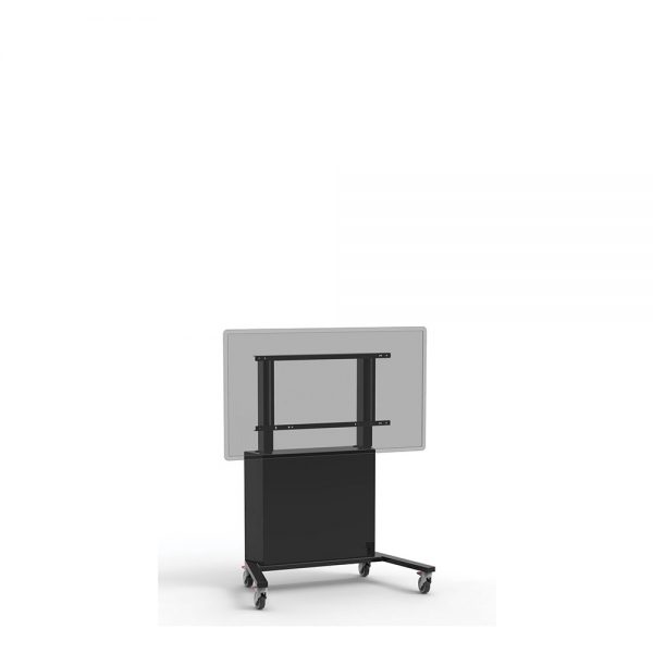 The front of the mobile black lift TV trolley with cabinet closed at the back